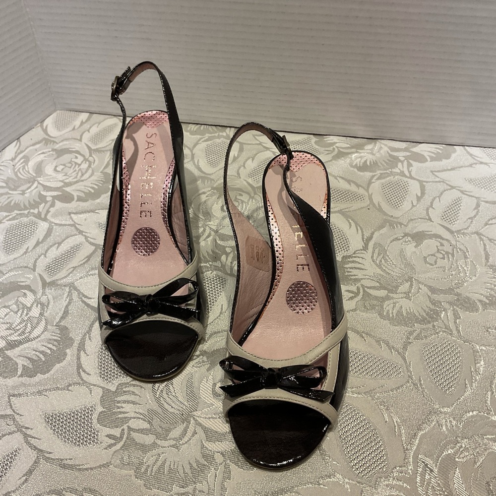 Sachelle Slingback Heels Womens 36.5 Black Excellent Peep Toe Bow SH-185